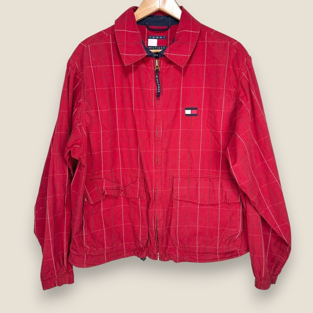 Tommy Hilfiger Harrington Bomber Jacket Men Small Red Check Cotton Lightweight